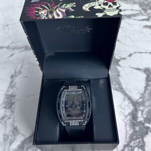 ED HARDY Skull Men's Quartz Movement Analog Bling Watch Black